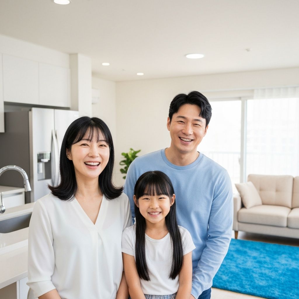 태영홈클린 서비스를 받은 한국 가족이 깨끗한 집에서 행복하게 웃고 있는 모습