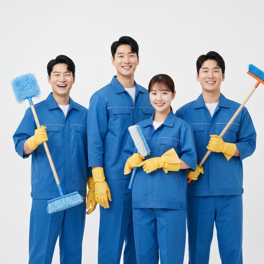 태영홈클린 전문 청소팀 3인이 유니폼을 입고 환하게 웃으며 서 있는 모습
